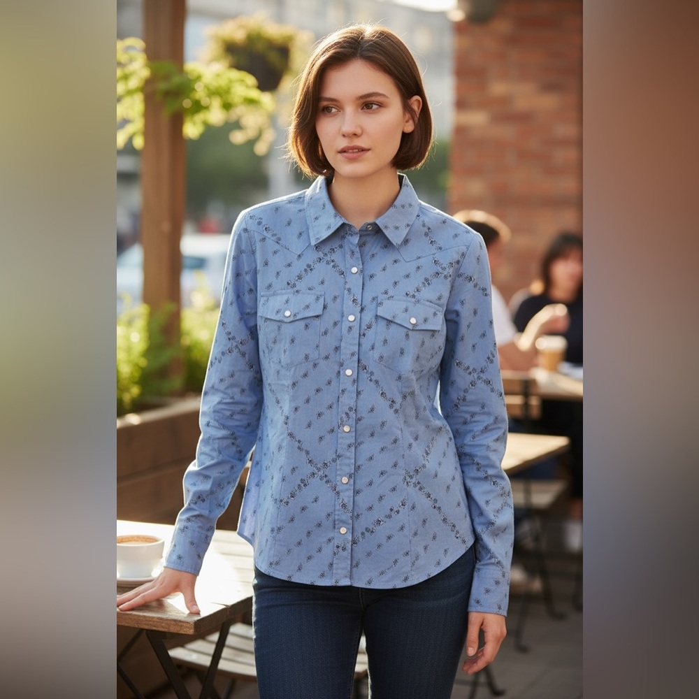 Life Blue Floral Button-Up cotton stretch Shirt medium new